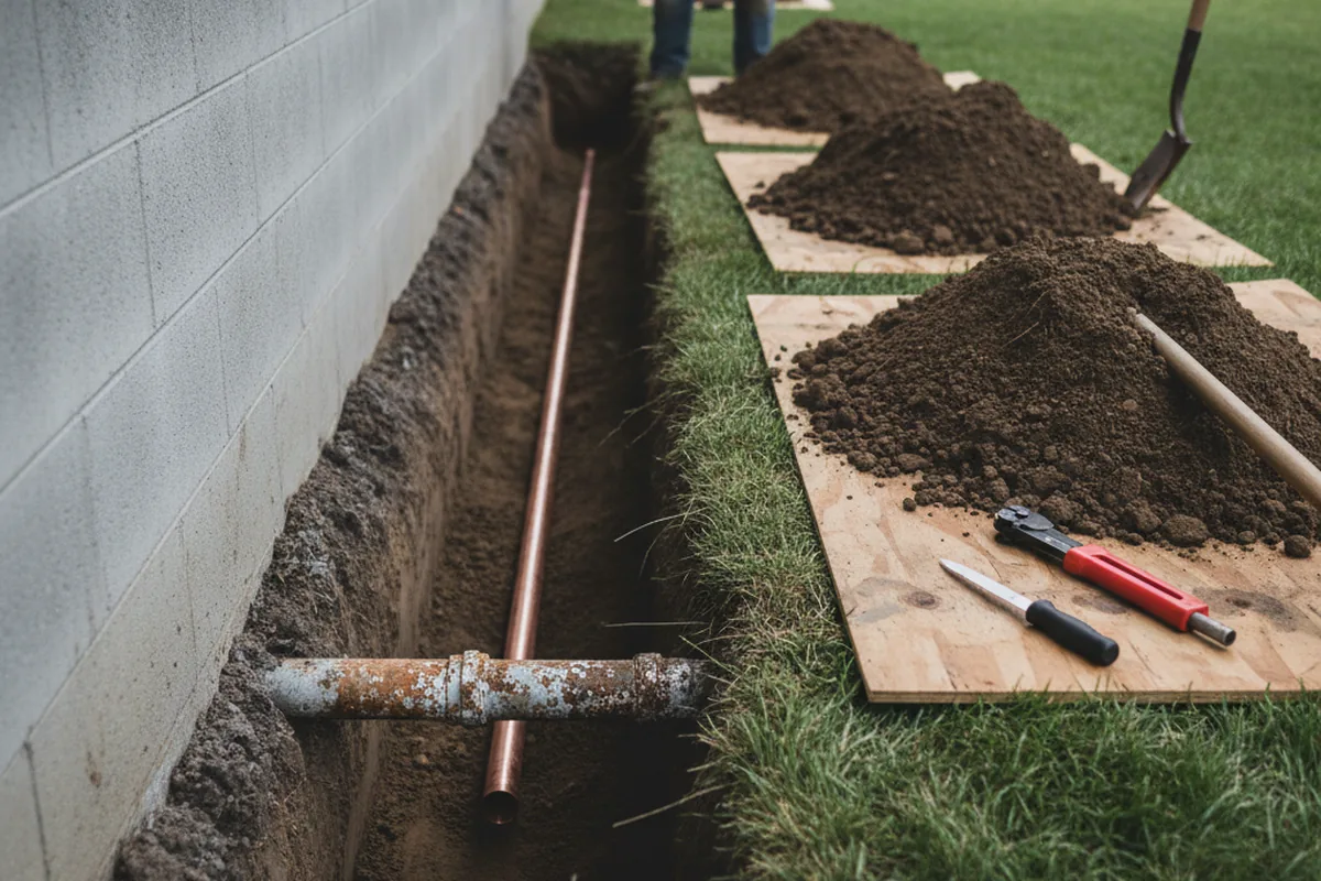 Excavated water line trench during Water Softener Installation in Forestburgh